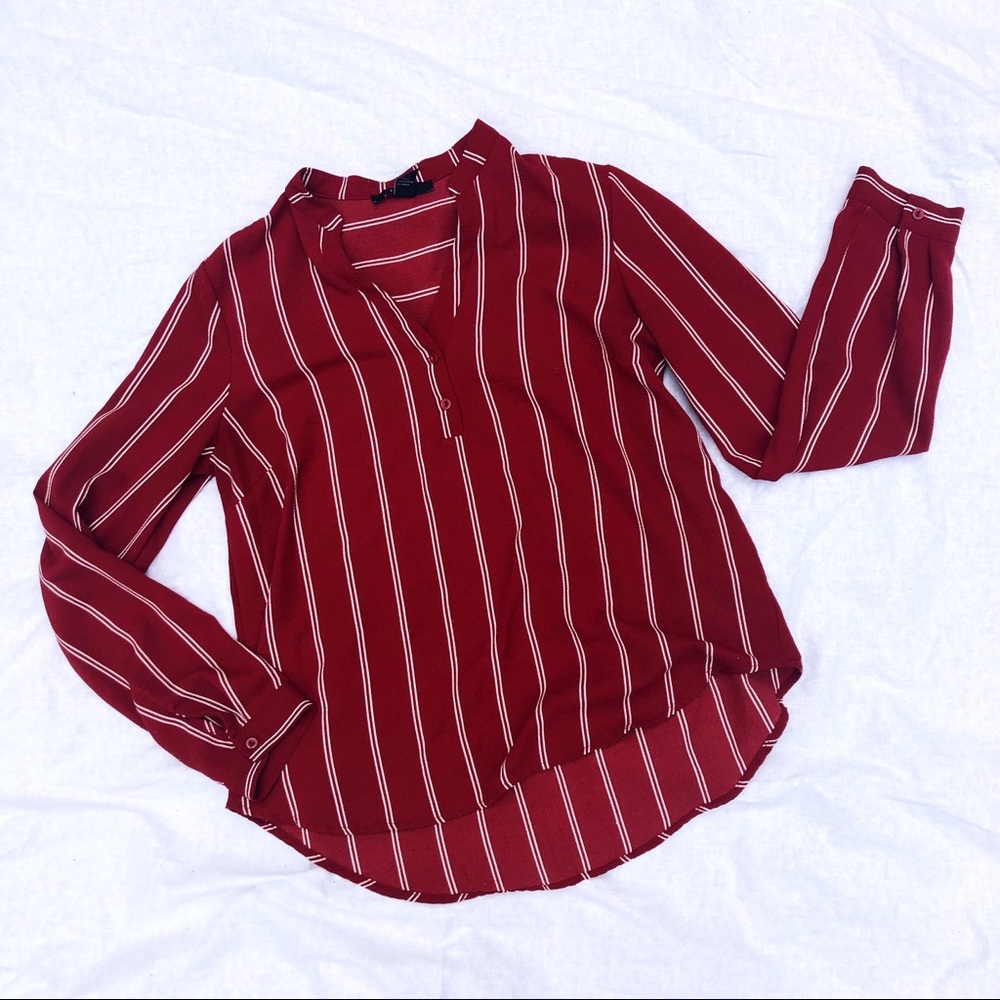 Forever 21 Burgundy and White Vertical Stripe V-Neck Blouse